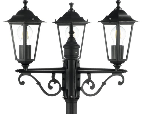Zwarte lantaarnpaal met drie lampen en helder glas