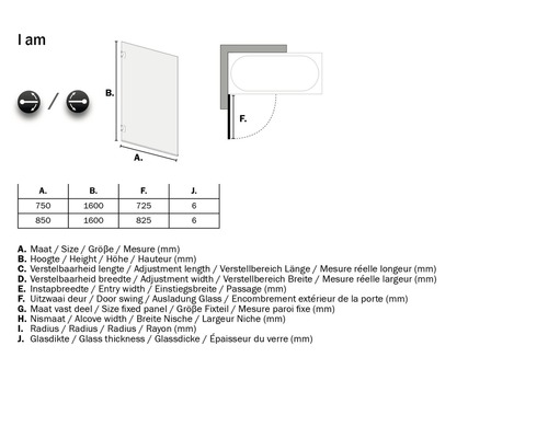 Technische tekening van een badwand met afmetingen.