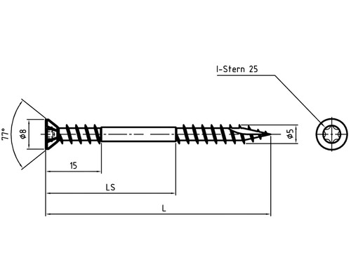 Technische tekening van een schroef met I-Stern 25 aandrijving en afmetingsgegevens