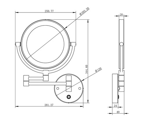 Technische tekening van een wandspiegel met afmetingen