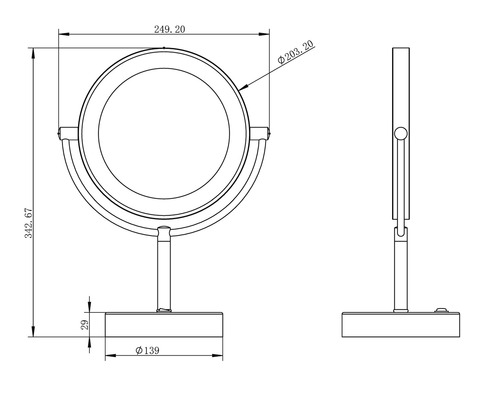 Technische tekening van een ronde make-upspiegel met afmetingen van 249,20 x 342,67 mm.