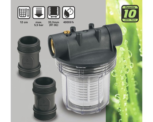 Huiswaterpompfilter met een grootte van 12 cm, maximaal 5,5 bar, 33,3 mm (R1 IG) en 4000 l/h met 10 jaar garantie.