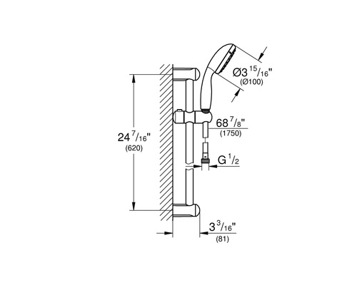 Technische tekening van een douchestang met handdouche en maatvoering