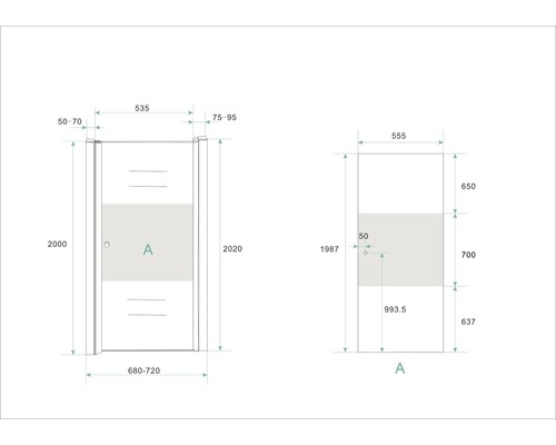 Technische tekening van een deur met maatvoering