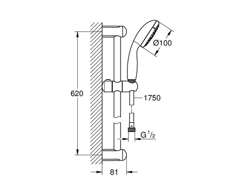 Technische tekening van een douchestang met handdouche en afmetingen.