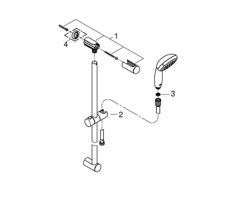 Explosietekening van een douchestang met handdouche en montageaccessoires