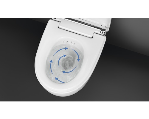 Witte wandhangende diepspoeltoilet met open spoelrand en spoelend water