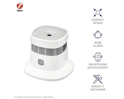 ZigBee logo. Rookmelder met 85 decibel alarm en smartphone melding. Compact ontwerp voor flexibele montage.