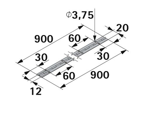 Technische tekening van een pianoscharnier met afmetingen