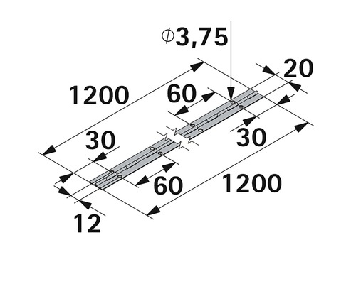 Technische tekening van een pianoscharnier met afmetingen