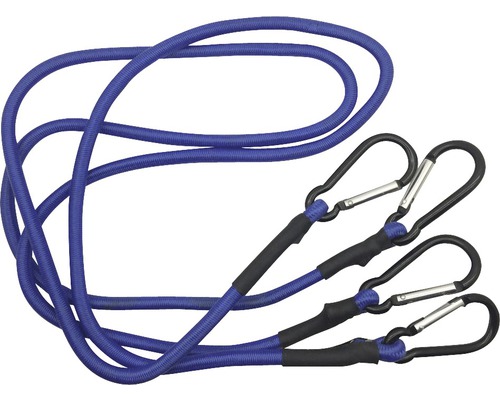 Blauw elastisch koord met drie karabijnhaken