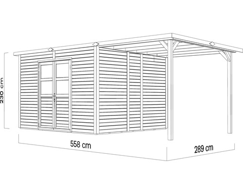 Illustratie van een tuinhuis met carport met de afmetingen 558 cm breed, 230 cm hoog en 289 cm diep.
