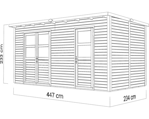 Tuinhuis met dubbele deur en enkele deur, afmetingen 447 cm x 234 cm x 233 cm
