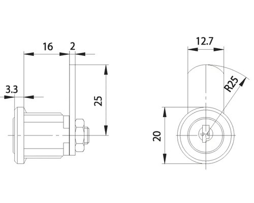 Technische tekening van een kastsleutel met maataanduidingen