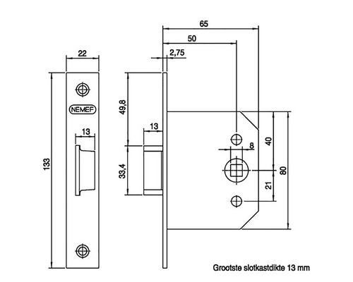 Technische tekening van een deurslot met afmetingen