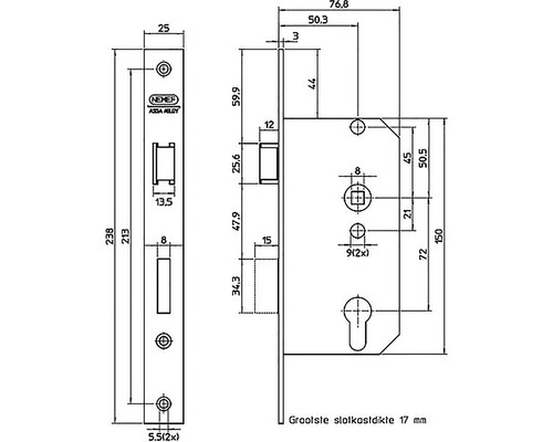 Technische tekening van een insteekslot met afmetingen