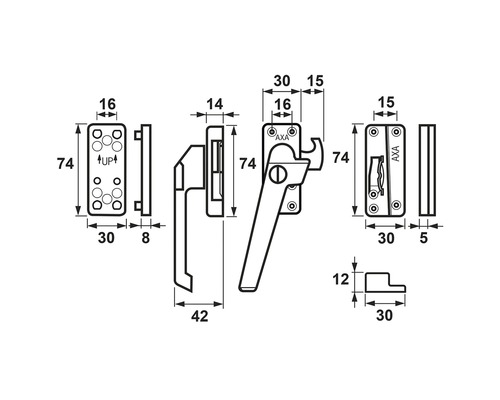Technische tekening van een raamkruk met maatvoering