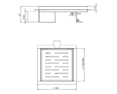 Technische tekening van een doucheafvoer met afmetingen.