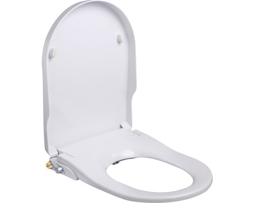 Witte douchewc-bril met deksel in open positie