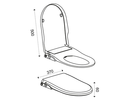 Technische tekening van een toiletbril met de afmetingen 370, 60 en 500 mm