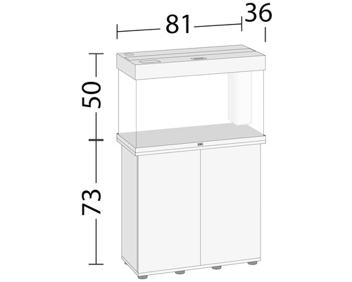 Aquariumcombinatie met de afmetingen: 81 centimeter breed, 36 centimeter diep, 50 centimeter hoog aquarium, 73 centimeter hoog onderkast.