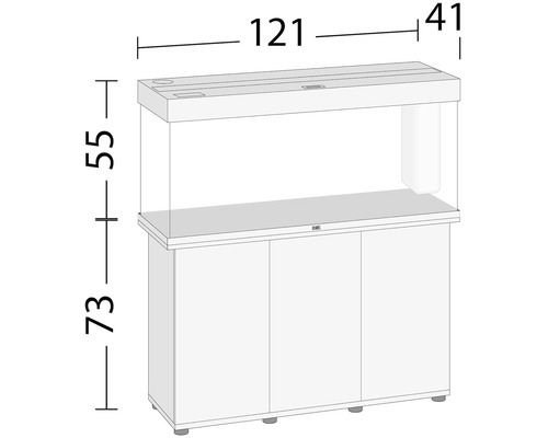 Aquarium met onderkast en afmetingen: 121 cm lengte, 41 cm breedte, 55 cm hoogte aquarium, 73 cm hoogte onderkast