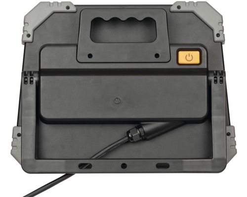 Achterkant van een werklamp met handgreep en stroomkabel