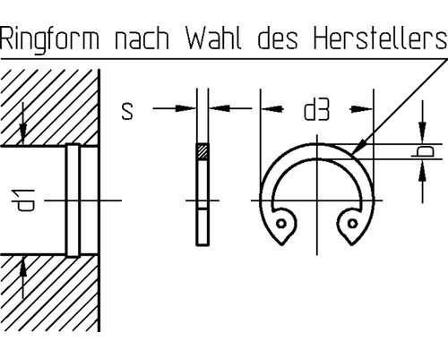 Technische tekening van een borgring met afmetingen