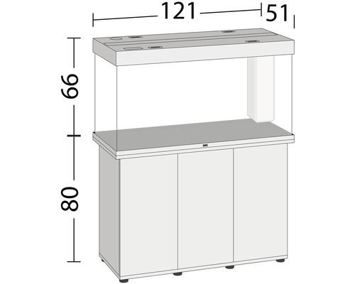 Aquariumcombinatie met de afmetingen 121 x 51 x 66 centimeter op een onderkast met een hoogte van 80 centimeter.