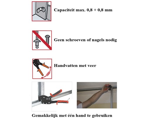 Informatie over de popnageltang: maximale capaciteit, geen schroeven of spijkers nodig, veerbelaste handgrepen, eenvoudige bediening met één hand