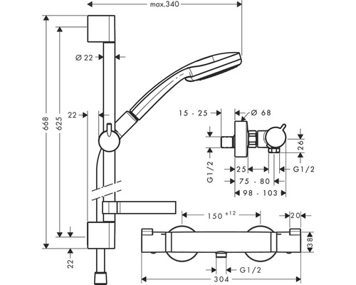 Technische tekening van een doucheset met maatvoering