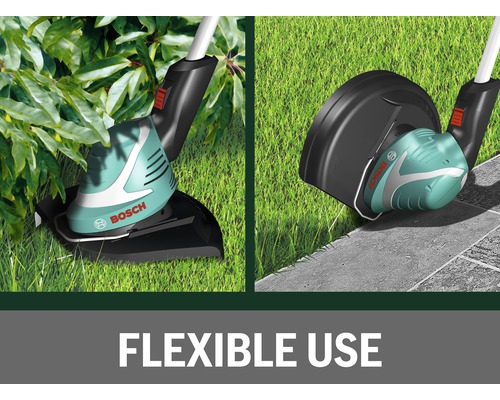 Twee afbeeldingen van een grastrimmer die flexibel is in het trimmen van gazons en randen. Bosch logo.