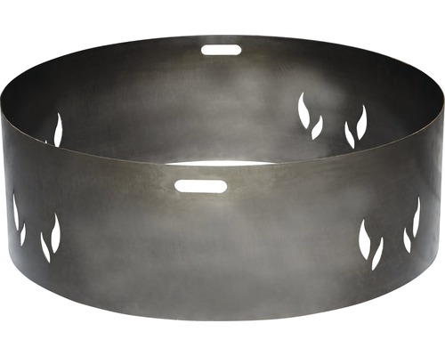 Vuurkorf van metaal met vlammotief en handgrepen