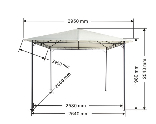 Afbeelding van een tuinpaviljoen met afmetingen.