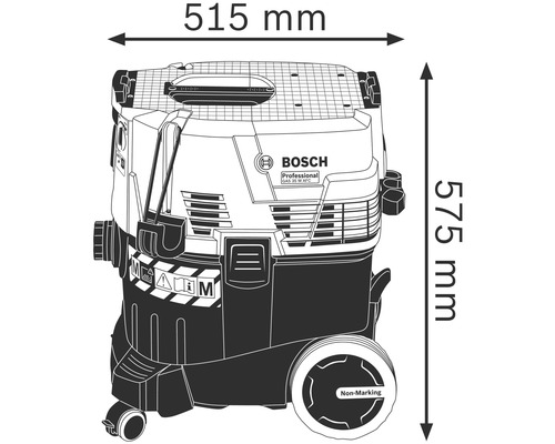 Bosch industriële stofzuiger met afmetingen van 515 mm breed en 575 mm hoog.
