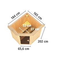 Houten sauna met afmetingen 184 cm, 165 cm, 202 cm en 65,6 cm