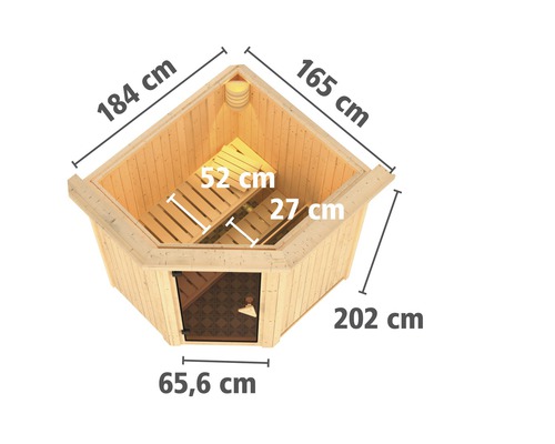 Houten sauna met afmetingen 184 cm, 165 cm, 202 cm en 65,6 cm