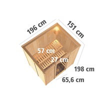 Binnenaanzicht van een sauna met de afmetingen 196 bij 151 bij 198 centimeter