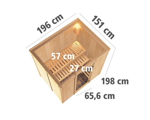 Binnenaanzicht van een sauna met de afmetingen 196 bij 151 bij 198 centimeter