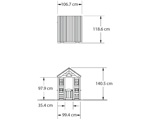 Afmetingen van het tuinhuis als schematische tekening
