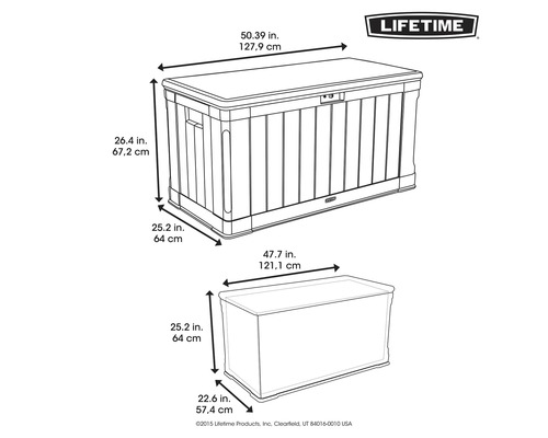 Afbeelding van een opbergbox met afmetingen en Lifetime logo.