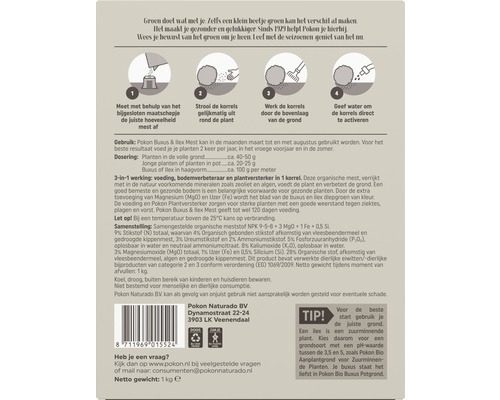 Pokon Buxus en Ilex meststof gebruiksaanwijzing en doseringsinformatie