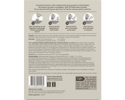 Instructies voor het gebruik van Pokon Rozenmest met instructies over dosering en toepassing.
