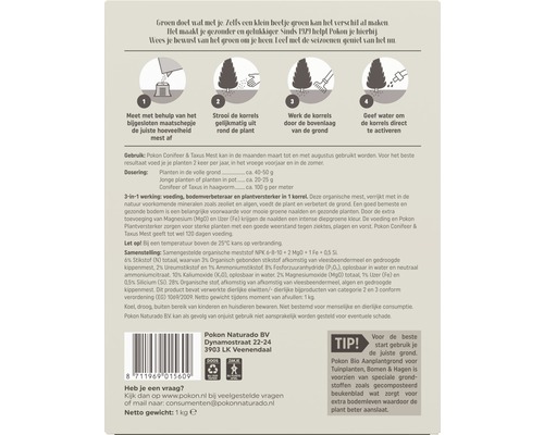 Instructies voor het gebruik van Pokon conifeer- en taxusmest.
