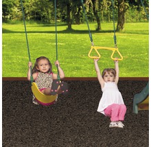 Twee kinderen spelen in de tuin op een schommel en een rekstok.