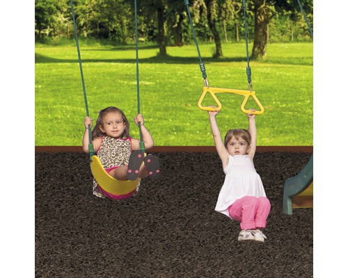 Twee kinderen spelen in de tuin op een schommel en een rekstok.
