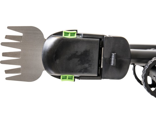 Detailweergave van een grasschaar met accu en metalen mes