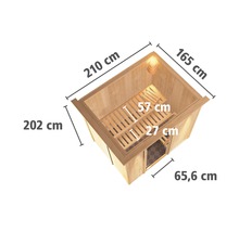 Bovenaanzicht van een sauna met afmetingen: 210 cm breed, 165 cm diep, 202 cm hoog en een deurbreedte van 65,6 cm.