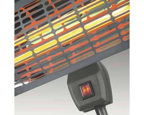 Gedetailleerde weergave van een terrasverwarmer met beschermrooster en schakelaar