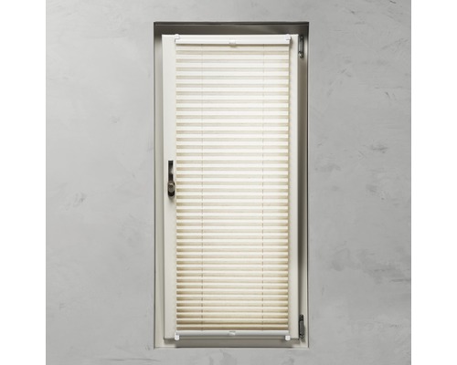 Zicht op een raam met plisségordijn